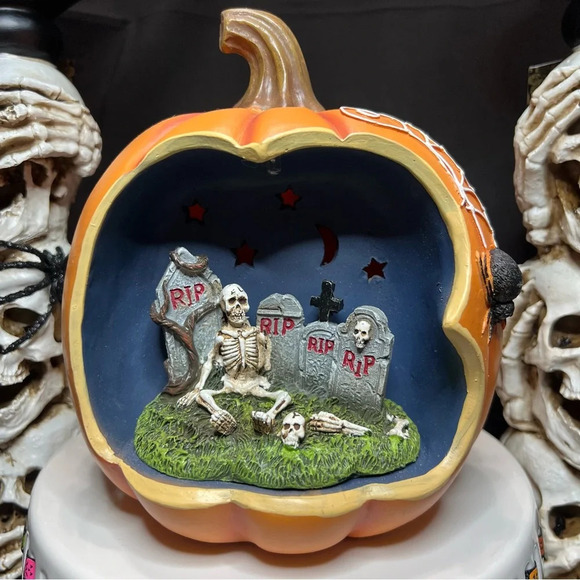 Halloween 7" Color Changing Spooky Skeleton Graveyard Scene Spiderweb Pumpkin - Picture 5 of 15